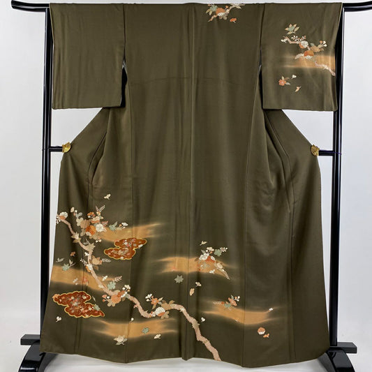 【庫存清倉】訪問服 身長164cm 袖長65cm M 雙層 枝花 菊花 金絲 金銀彩 茶綠 純蠶絲 優品級