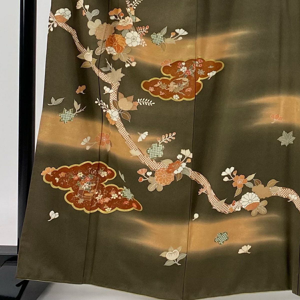 【庫存清倉】訪問服 身長164cm 袖長65cm M 雙層 枝花 菊花 金絲 金銀彩 茶綠 純蠶絲 優品級