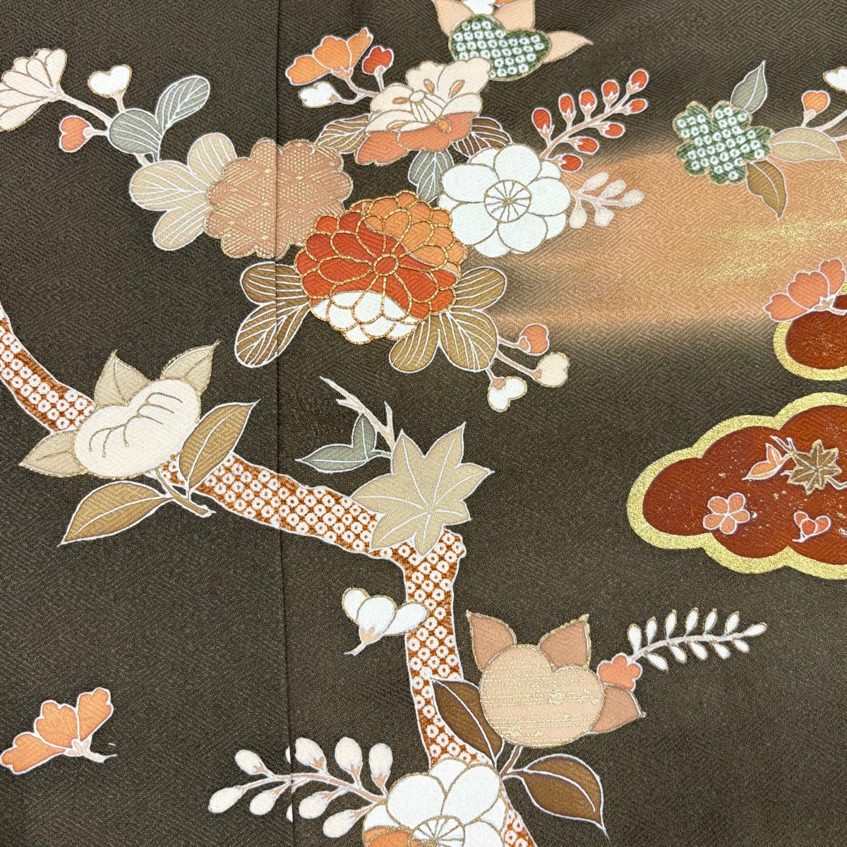 【庫存清倉】訪問服 身長164cm 袖長65cm M 雙層 枝花 菊花 金絲 金銀彩 茶綠 純蠶絲 優品級