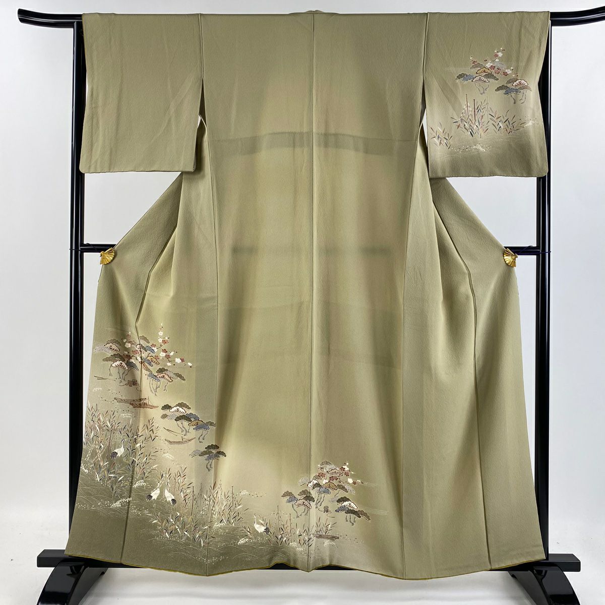 【庫存清倉】訪問服 身長158cm 袖長65cm M 雙層 大和 松樹梅花 舟 刺繡 金絲 鶯色 純蠶絲 優品級