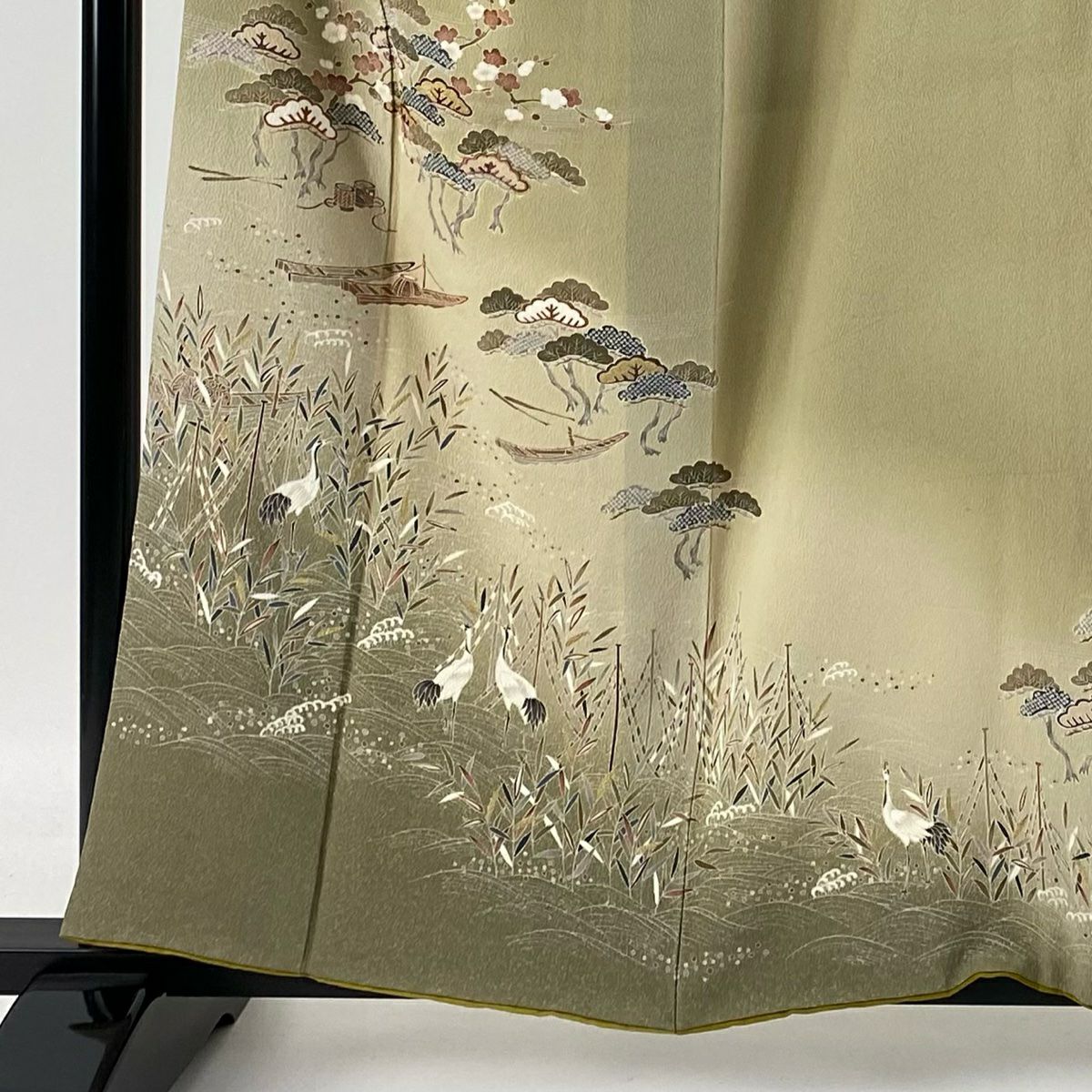 【庫存清倉】訪問服 身長158cm 袖長65cm M 雙層 大和 松樹梅花 舟 刺繡 金絲 鶯色 純蠶絲 優品級