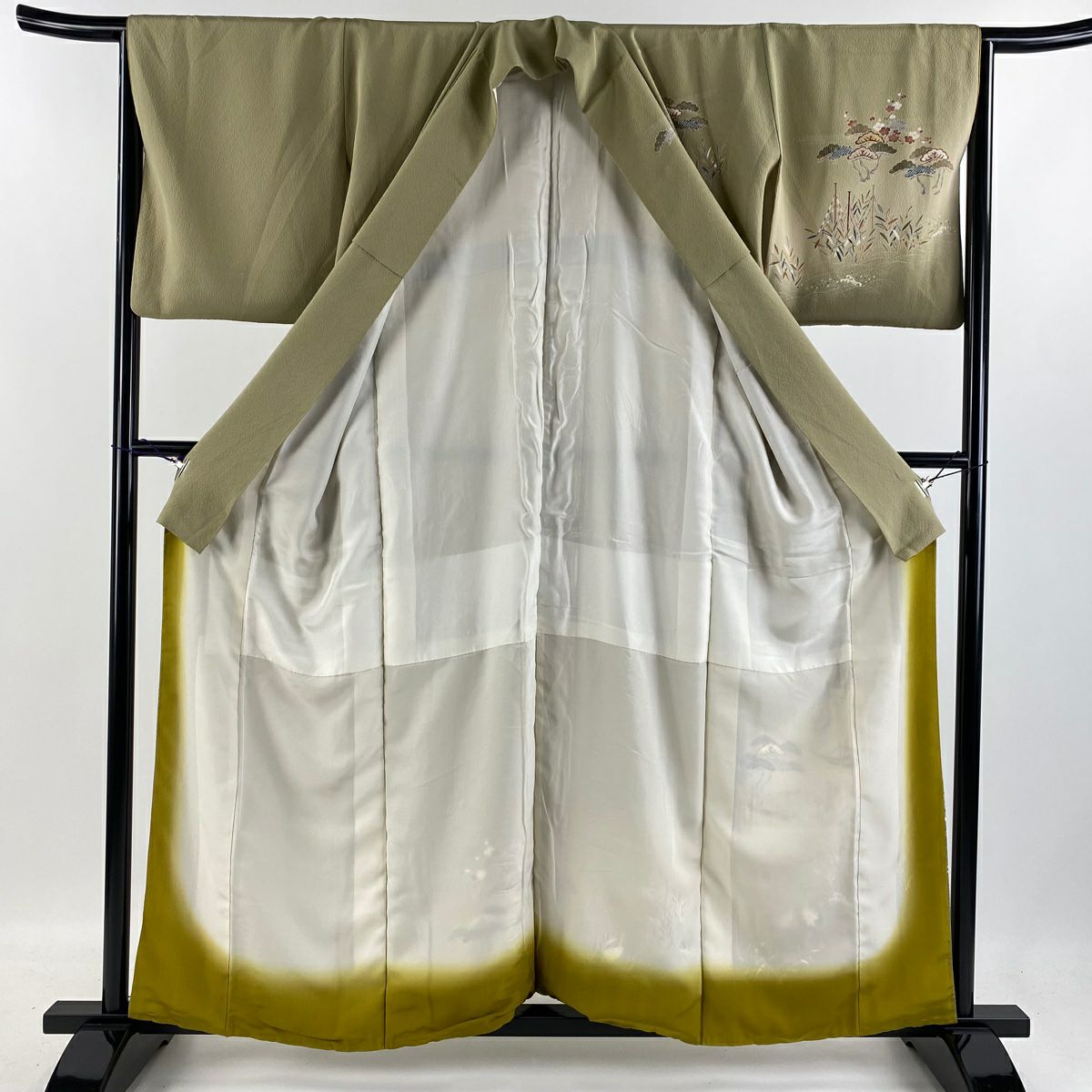 【庫存清倉】訪問服 身長158cm 袖長65cm M 雙層 大和 松樹梅花 舟 刺繡 金絲 鶯色 純蠶絲 優品級
