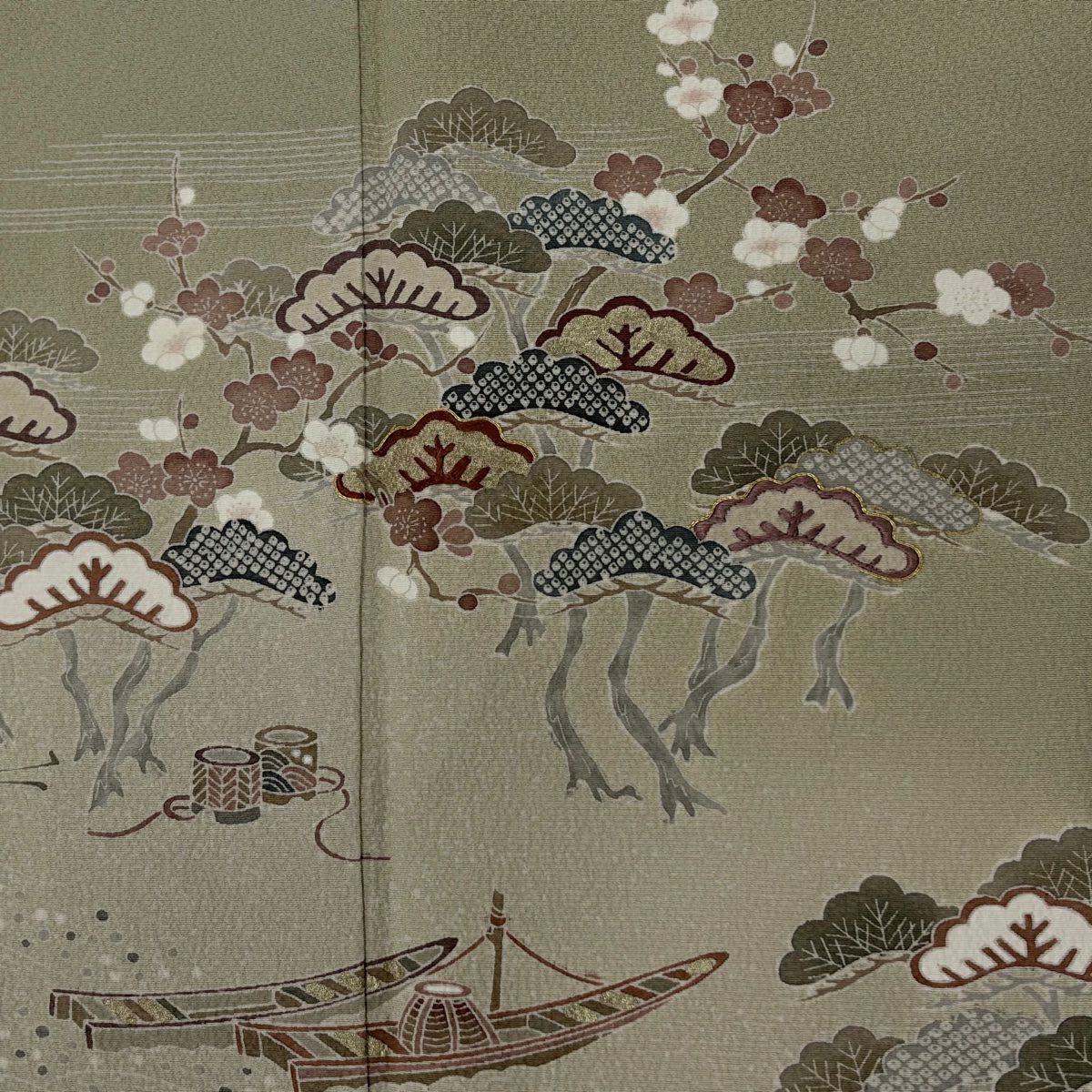 【庫存清倉】訪問服 身長158cm 袖長65cm M 雙層 大和 松樹梅花 舟 刺繡 金絲 鶯色 純蠶絲 優品級