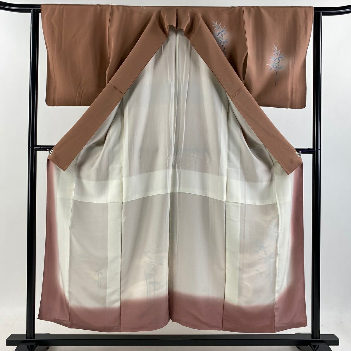 【庫存清倉】 付下 身長154cm 袖長61.5cm S 雙層 竹子 仙鶴 金銀彩 漸層 粉米色 純蠶絲 優品級