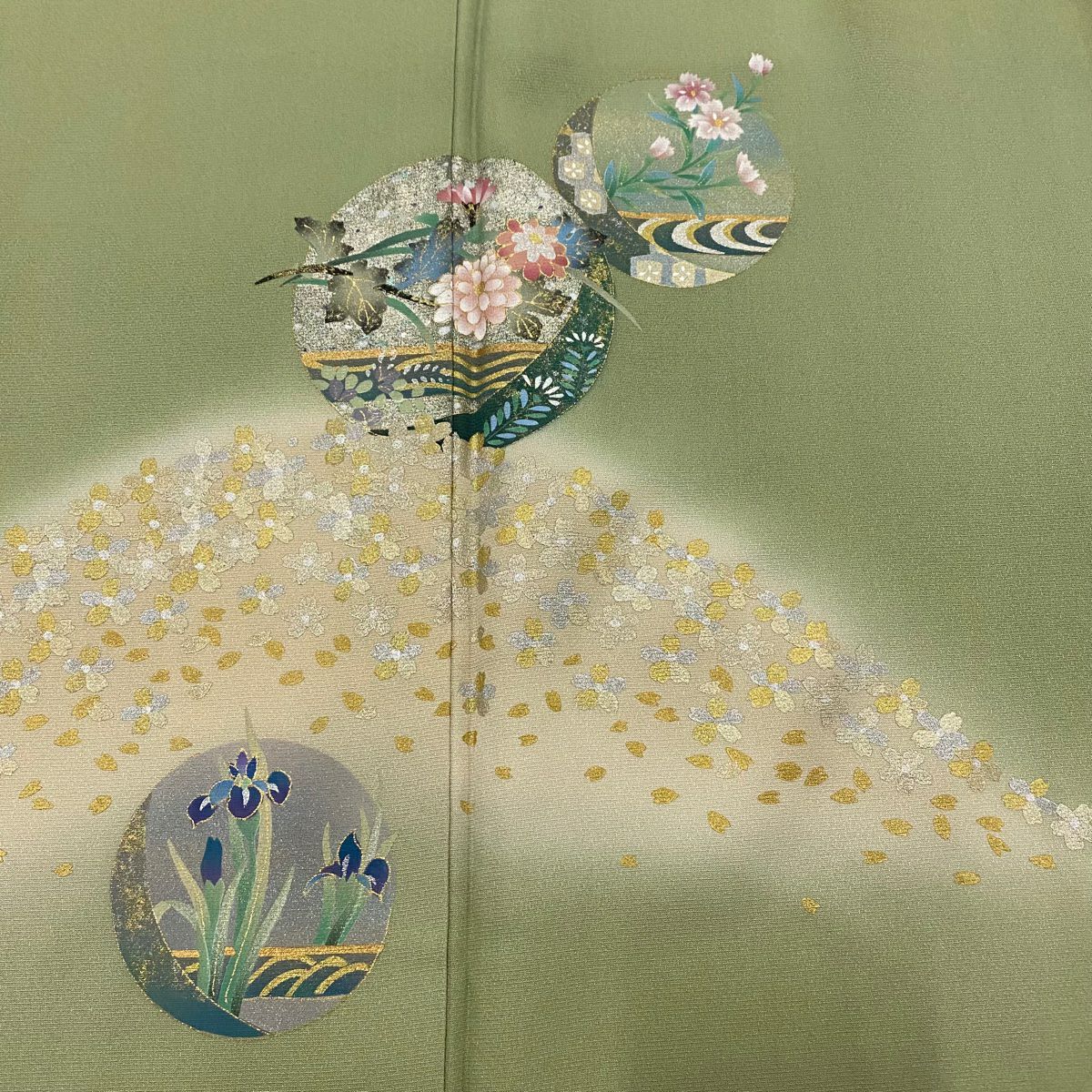 【庫存清倉】 付下 身長154cm 袖長65cm M 雙層 圓文 草花紋紋 金銀彩 漸層 淺綠 純蠶絲 優品級