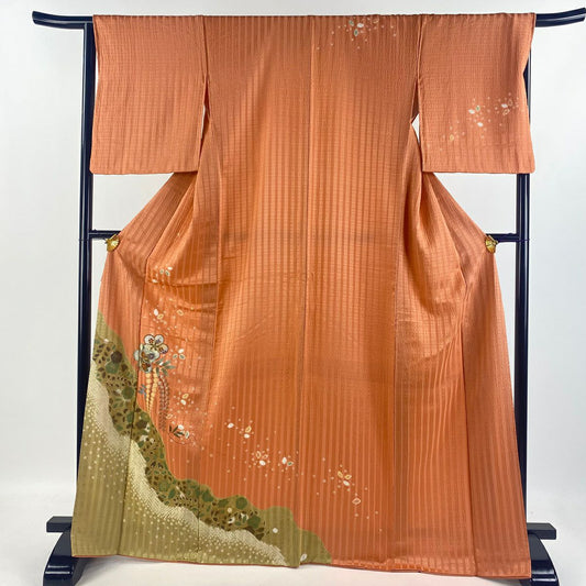 【庫存清倉】 付下 身長168cm 袖長66.5cm M 雙層 旋梅花 藤 金銀彩 絞染 橙色 純蠶絲 優品級