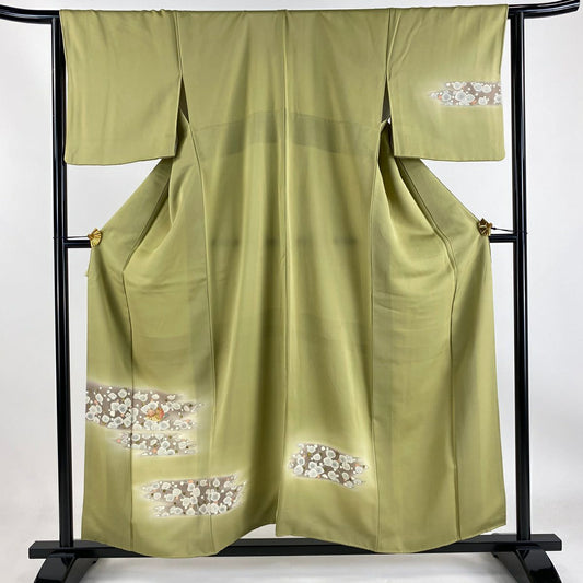 【庫存清倉】 付下 身長155.5cm 袖長64.5cm M 雙層 鴛鴦 枝梅花 金絲 金銀彩 抹茶 純蠶絲 優品級