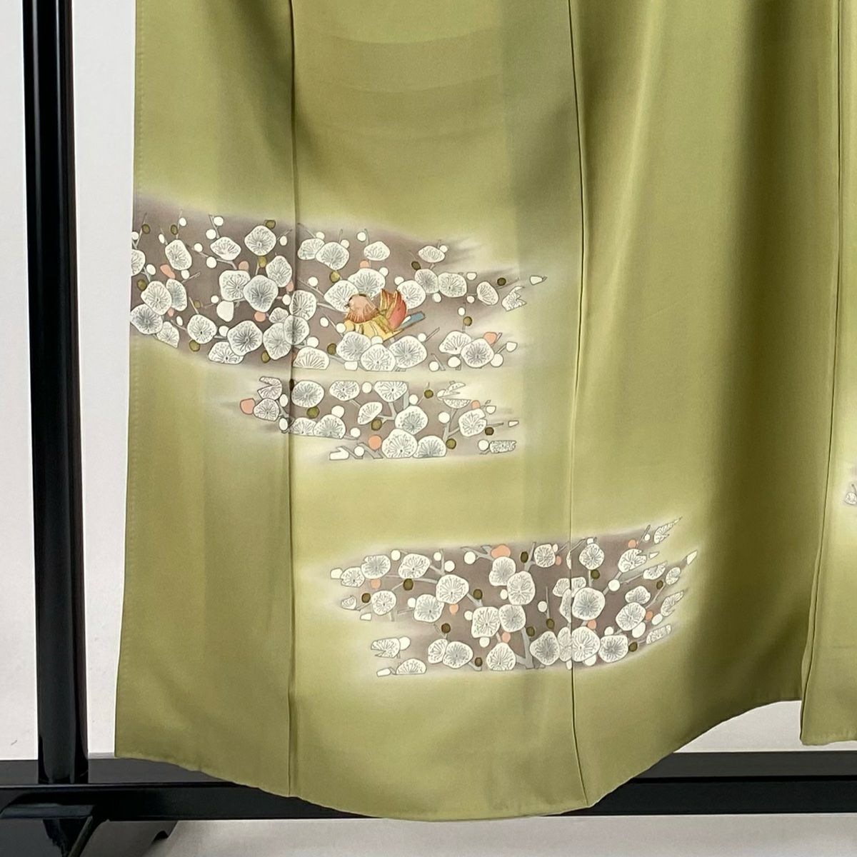 【庫存清倉】 付下 身長155.5cm 袖長64.5cm M 雙層 鴛鴦 枝梅花 金絲 金銀彩 抹茶 純蠶絲 優品級