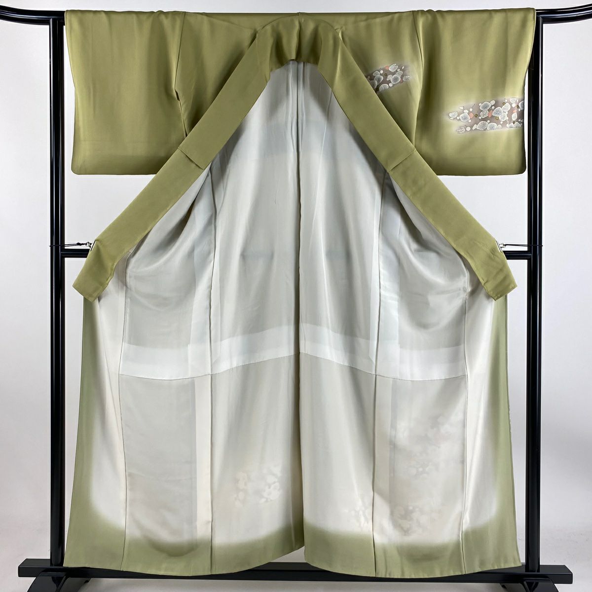 【庫存清倉】 付下 身長155.5cm 袖長64.5cm M 雙層 鴛鴦 枝梅花 金絲 金銀彩 抹茶 純蠶絲 優品級