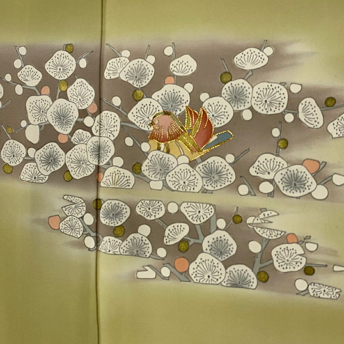 【庫存清倉】 付下 身長155.5cm 袖長64.5cm M 雙層 鴛鴦 枝梅花 金絲 金銀彩 抹茶 純蠶絲 優品級