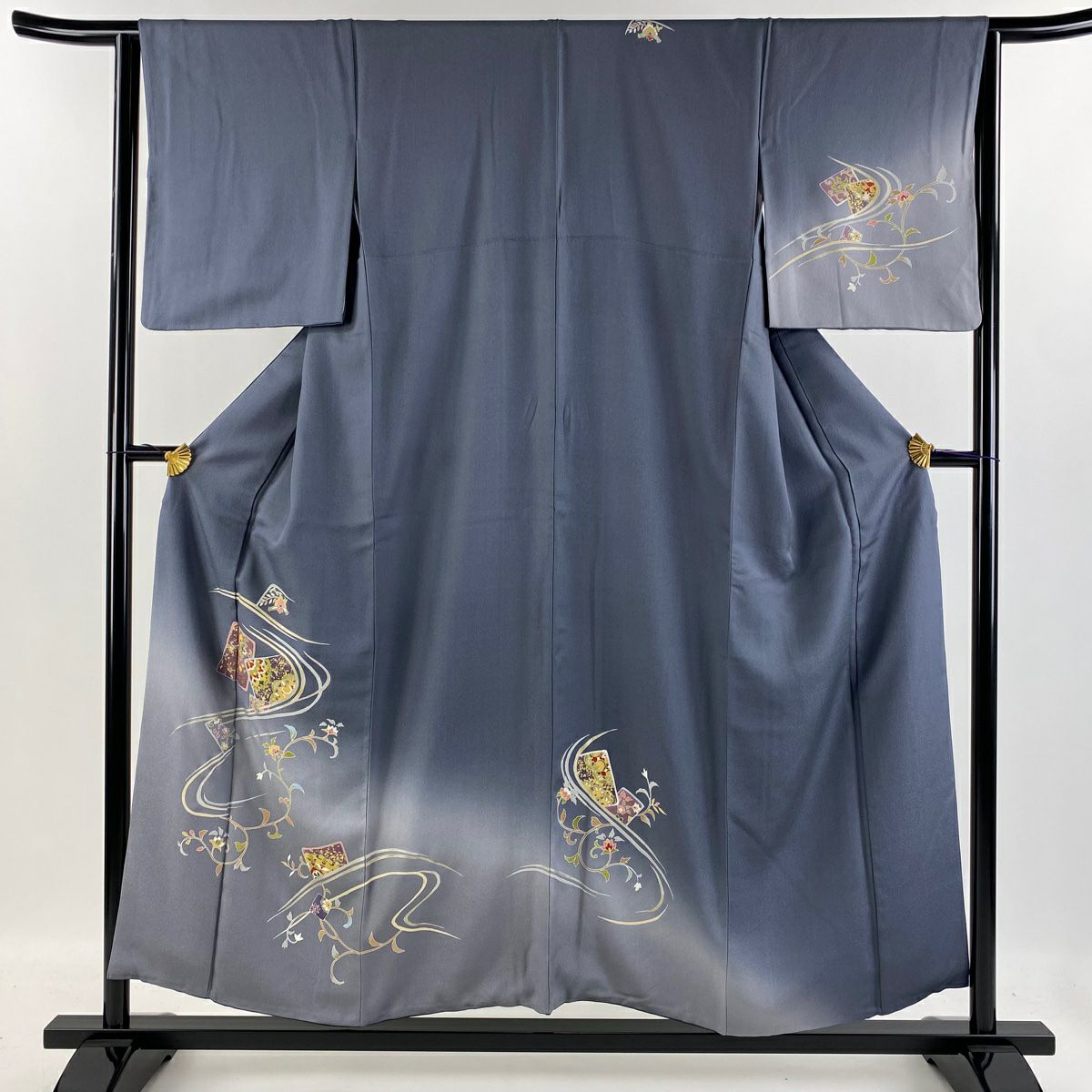 【清倉特賣】 付下 身長152cm 袖長64cm M 雙層 色紙 流水 金彩裝飾 漸層 青灰 純蠶絲 優品級