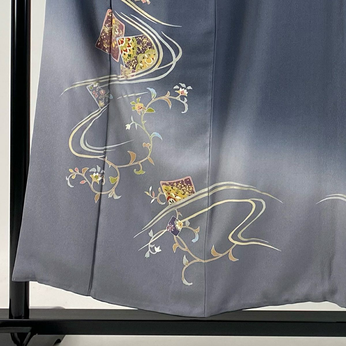 【清倉特賣】 付下 身長152cm 袖長64cm M 雙層 色紙 流水 金彩裝飾 漸層 青灰 純蠶絲 優品級