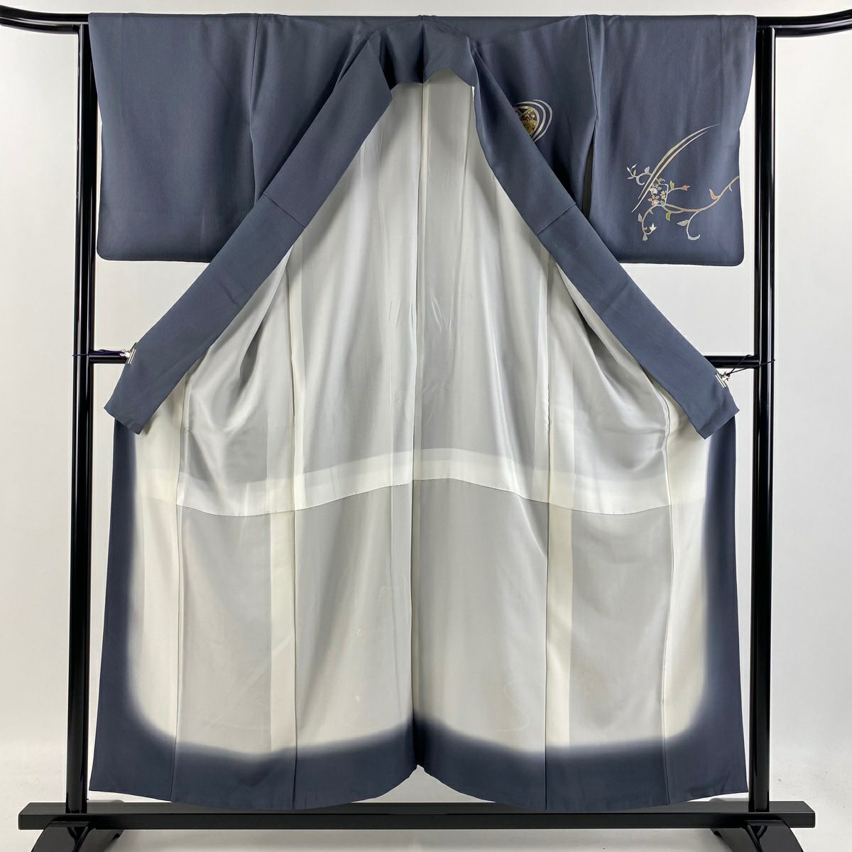 【清倉特賣】 付下 身長152cm 袖長64cm M 雙層 色紙 流水 金彩裝飾 漸層 青灰 純蠶絲 優品級