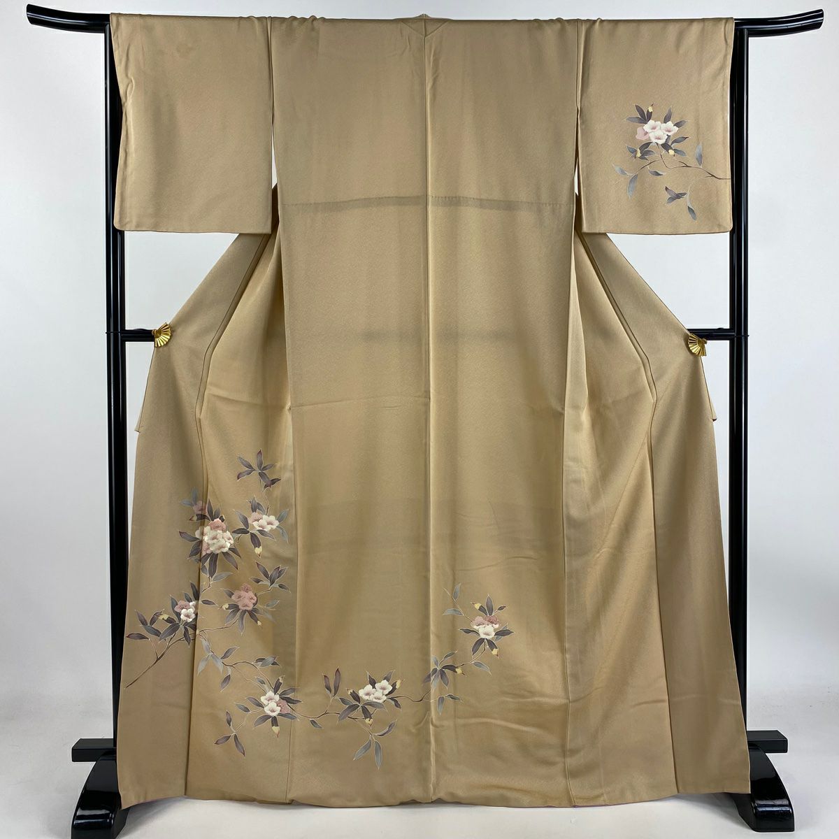 【庫存清倉】 付下 身長167cm 袖長64cm M 雙層 枝花刺繡 淺茶 純蠶絲 優品級
