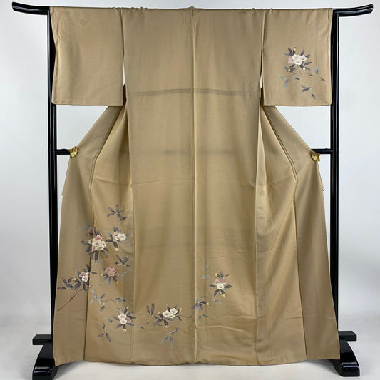 【庫存清倉】 付下 身長167cm 袖長64cm M 雙層 枝花刺繡 淺茶 純蠶絲 優品級