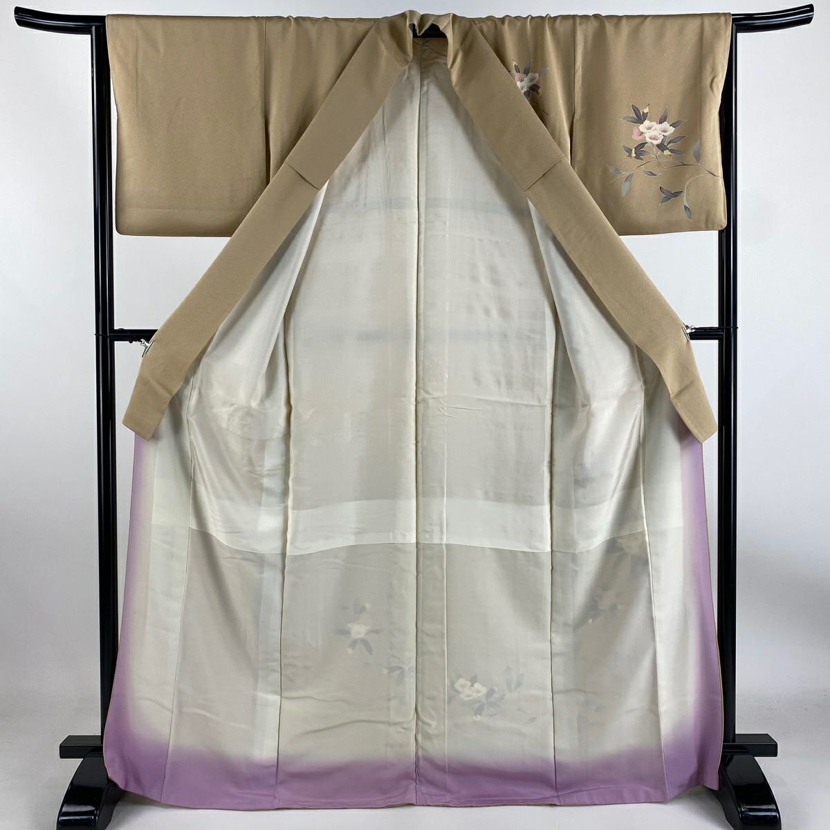 【庫存清倉】 付下 身長167cm 袖長64cm M 雙層 枝花刺繡 淺茶 純蠶絲 優品級