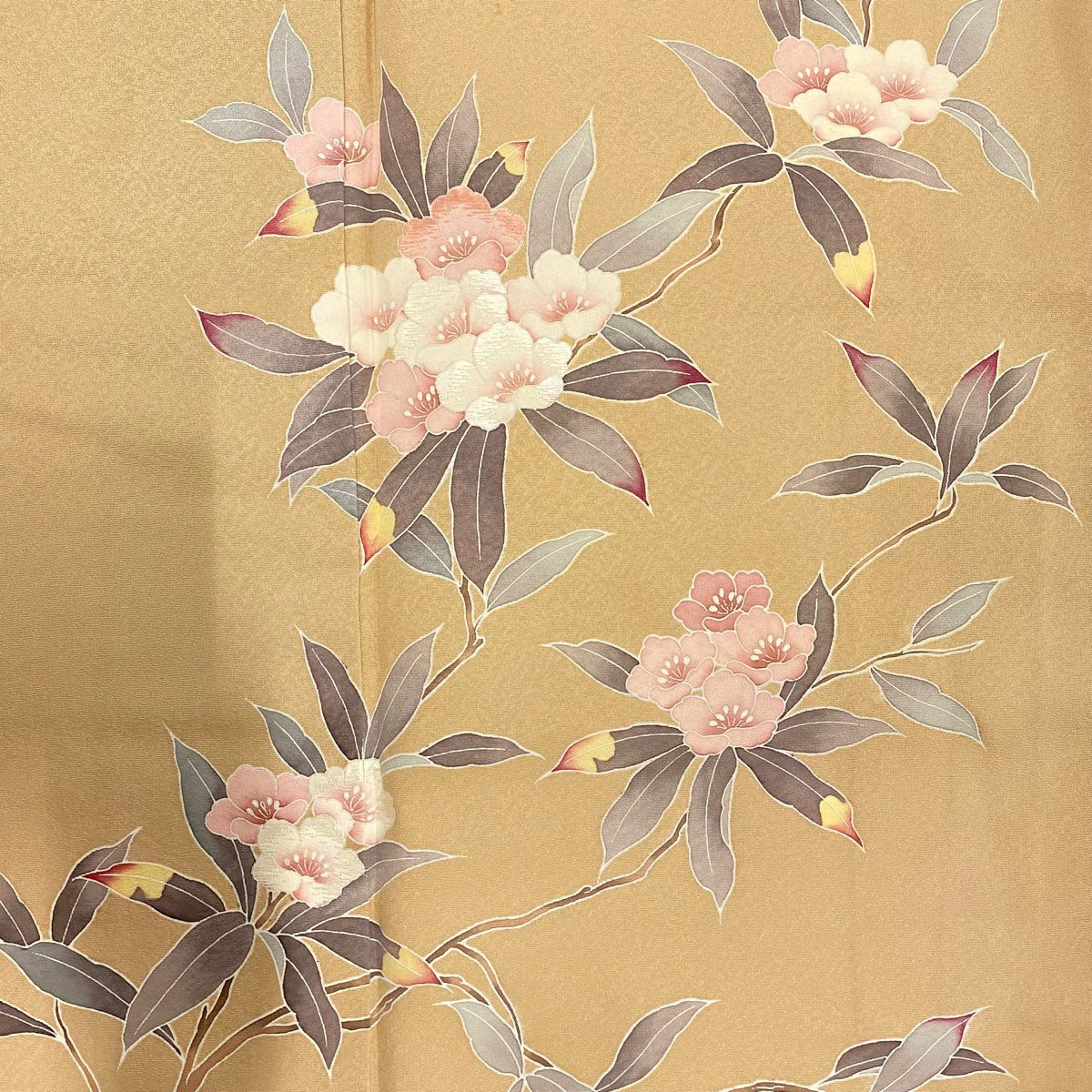 【庫存清倉】 付下 身長167cm 袖長64cm M 雙層 枝花刺繡 淺茶 純蠶絲 優品級