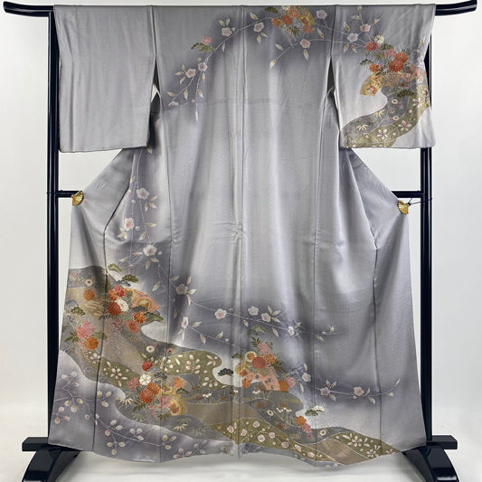 【庫存清倉】訪問服 身長161.5cm 袖長66.5cm M 雙層 松樹竹子梅花 草花紋紋 金彩裝飾 漸層 灰紫 純蠶絲 優品級