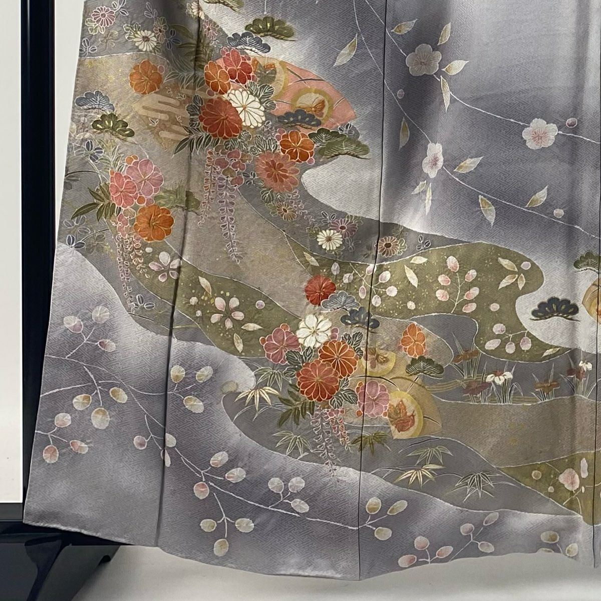 【庫存清倉】訪問服 身長161.5cm 袖長66.5cm M 雙層 松樹竹子梅花 草花紋紋 金彩裝飾 漸層 灰紫 純蠶絲 優品級
