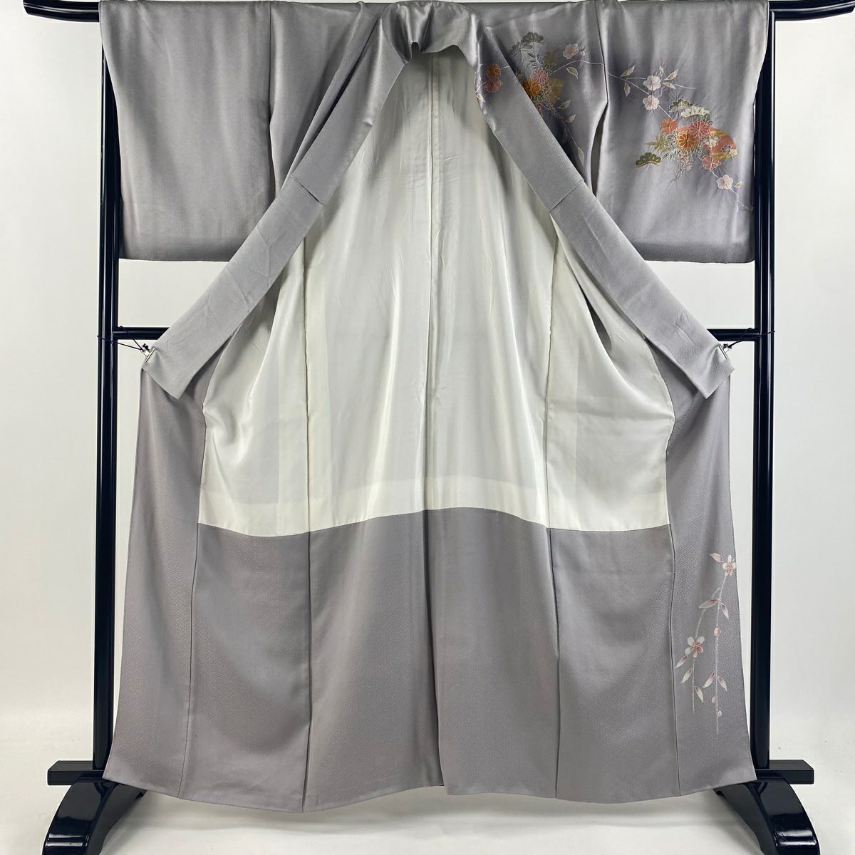 【庫存清倉】訪問服 身長161.5cm 袖長66.5cm M 雙層 松樹竹子梅花 草花紋紋 金彩裝飾 漸層 灰紫 純蠶絲 優品級