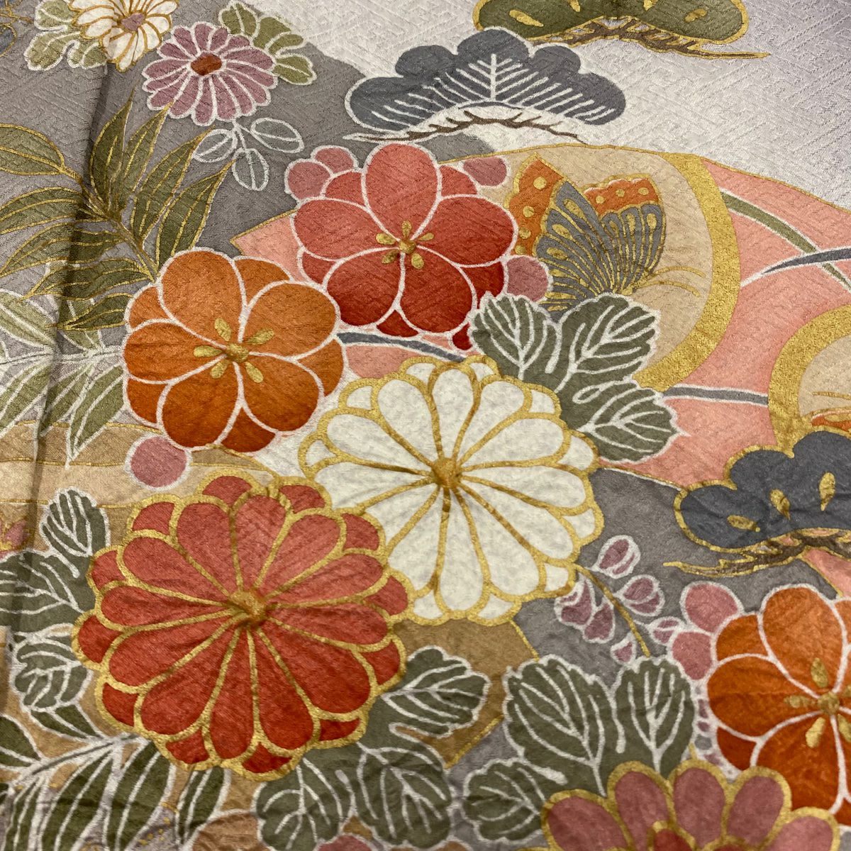 【庫存清倉】訪問服 身長161.5cm 袖長66.5cm M 雙層 松樹竹子梅花 草花紋紋 金彩裝飾 漸層 灰紫 純蠶絲 優品級
