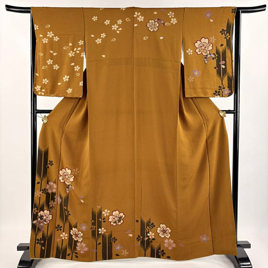 【庫存清倉】 付下 身長163cm 袖長64.5cm M 雙層 櫻花 矢羽 茶 純蠶絲 美品 秀品級