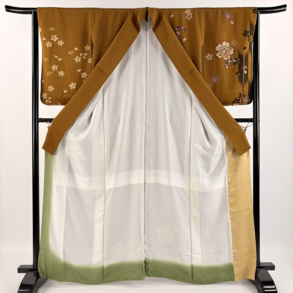 【庫存清倉】 付下 身長163cm 袖長64.5cm M 雙層 櫻花 矢羽 茶 純蠶絲 美品 秀品級