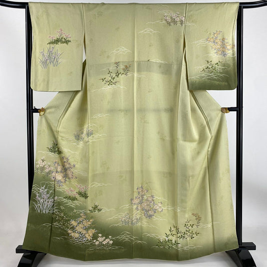 【庫存清倉】訪問服 身長162cm 袖長64cm M 雙層 草花紋紋 芝 金銀彩 漸層 淺綠 純蠶絲 優品級