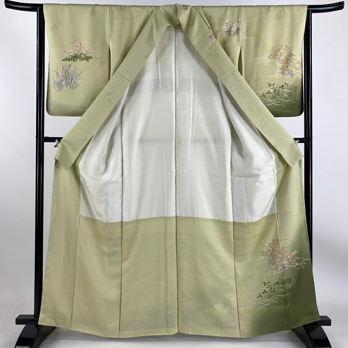 【庫存清倉】訪問服 身長162cm 袖長64cm M 雙層 草花紋紋 芝 金銀彩 漸層 淺綠 純蠶絲 優品級