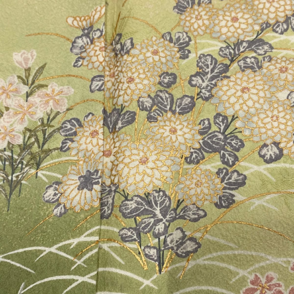 【庫存清倉】訪問服 身長162cm 袖長64cm M 雙層 草花紋紋 芝 金銀彩 漸層 淺綠 純蠶絲 優品級