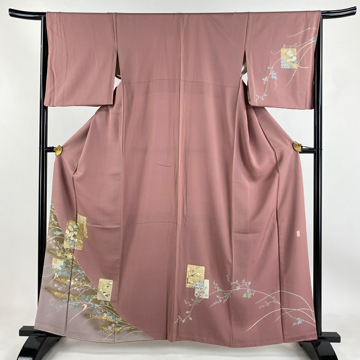 【庫存清倉】訪問服 身長161.5cm 袖長65cm M 雙層 落款有 色紙 草花紋紋 金絲 金銀彩 粉紅 純蠶絲 優品級