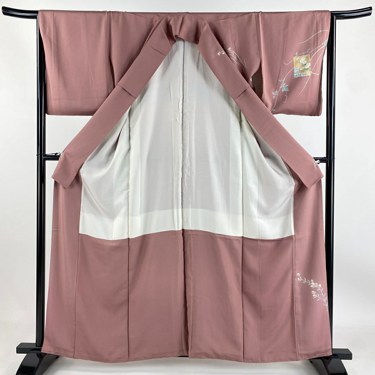 【庫存清倉】訪問服 身長161.5cm 袖長65cm M 雙層 落款有 色紙 草花紋紋 金絲 金銀彩 粉紅 純蠶絲 優品級