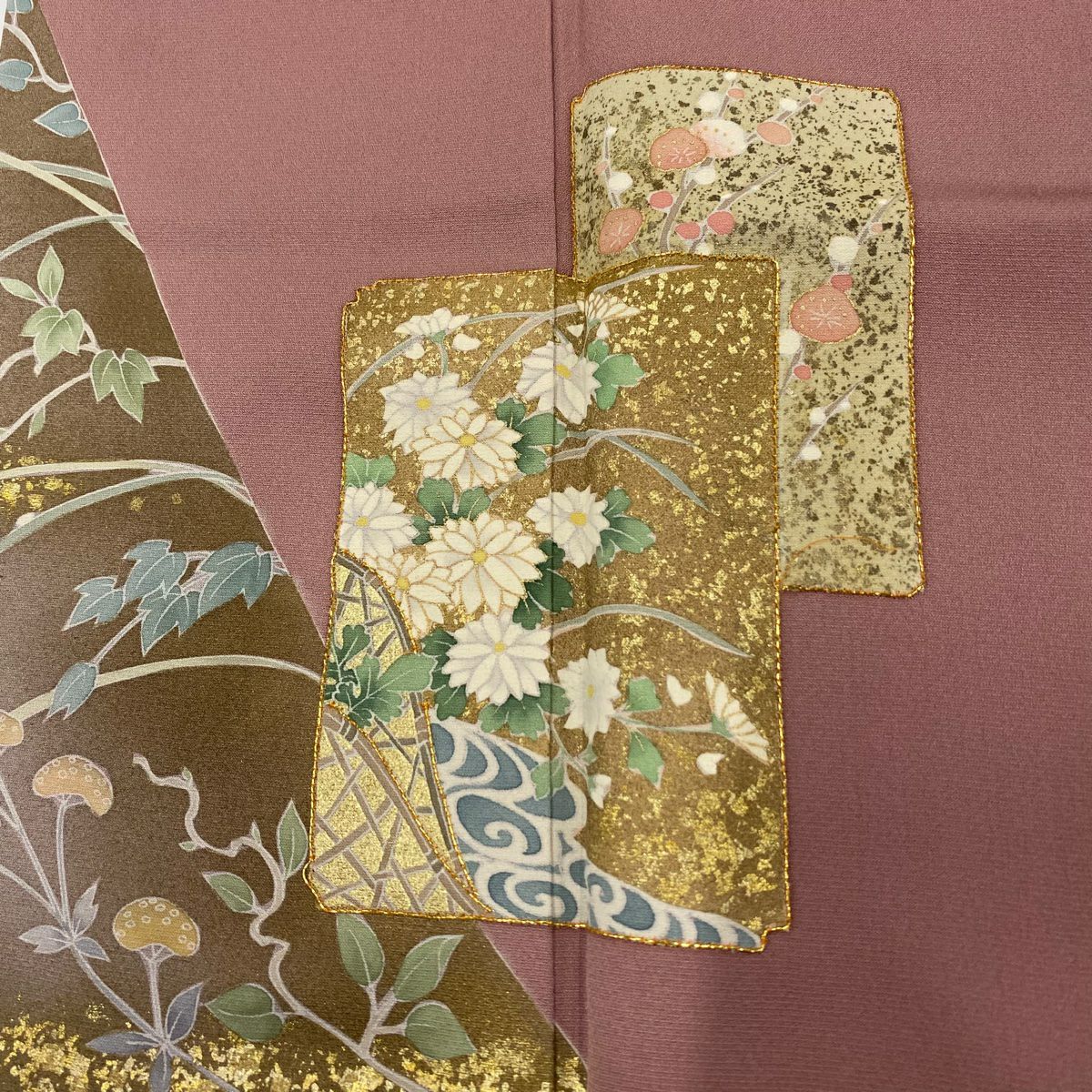 【庫存清倉】訪問服 身長161.5cm 袖長65cm M 雙層 落款有 色紙 草花紋紋 金絲 金銀彩 粉紅 純蠶絲 優品級