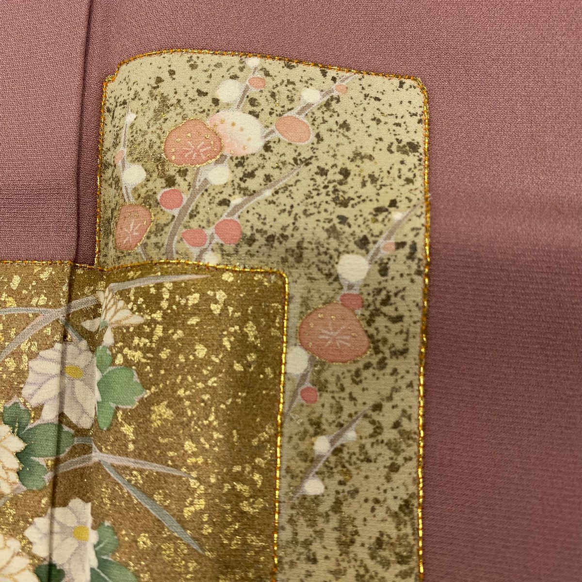 【庫存清倉】訪問服 身長161.5cm 袖長65cm M 雙層 落款有 色紙 草花紋紋 金絲 金銀彩 粉紅 純蠶絲 優品級