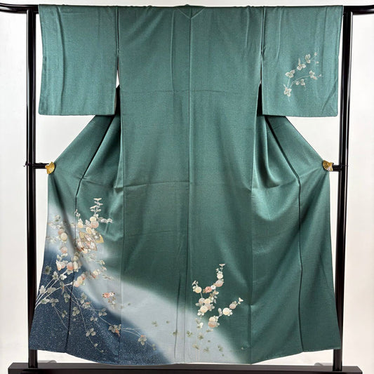 【庫存清倉】 付下 身長154cm 袖長62cm S 雙層 扇子子 菊花花 刺繡 金銀彩 綠 純蠶絲 優品級