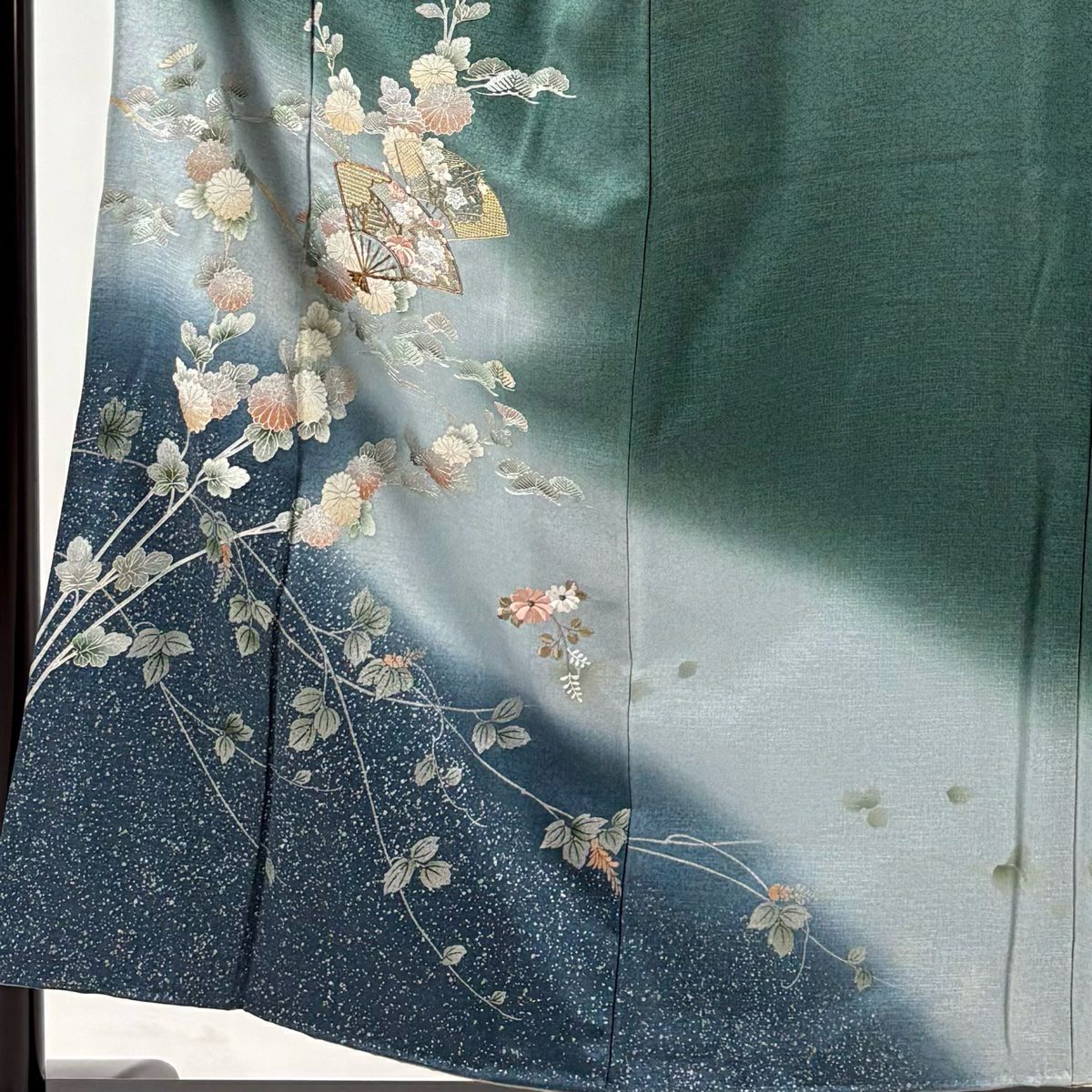 【庫存清倉】 付下 身長154cm 袖長62cm S 雙層 扇子子 菊花花 刺繡 金銀彩 綠 純蠶絲 優品級