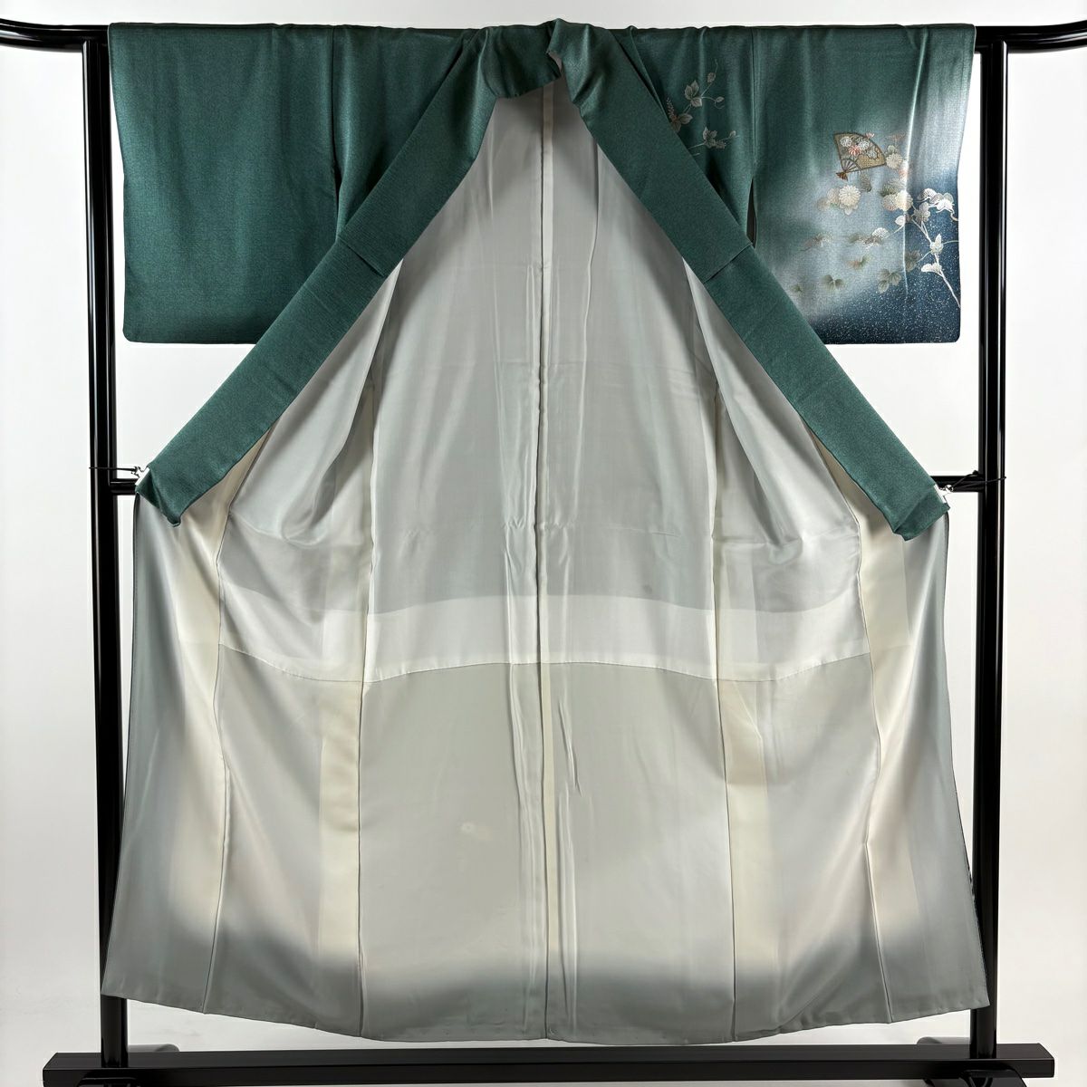【庫存清倉】 付下 身長154cm 袖長62cm S 雙層 扇子子 菊花花 刺繡 金銀彩 綠 純蠶絲 優品級