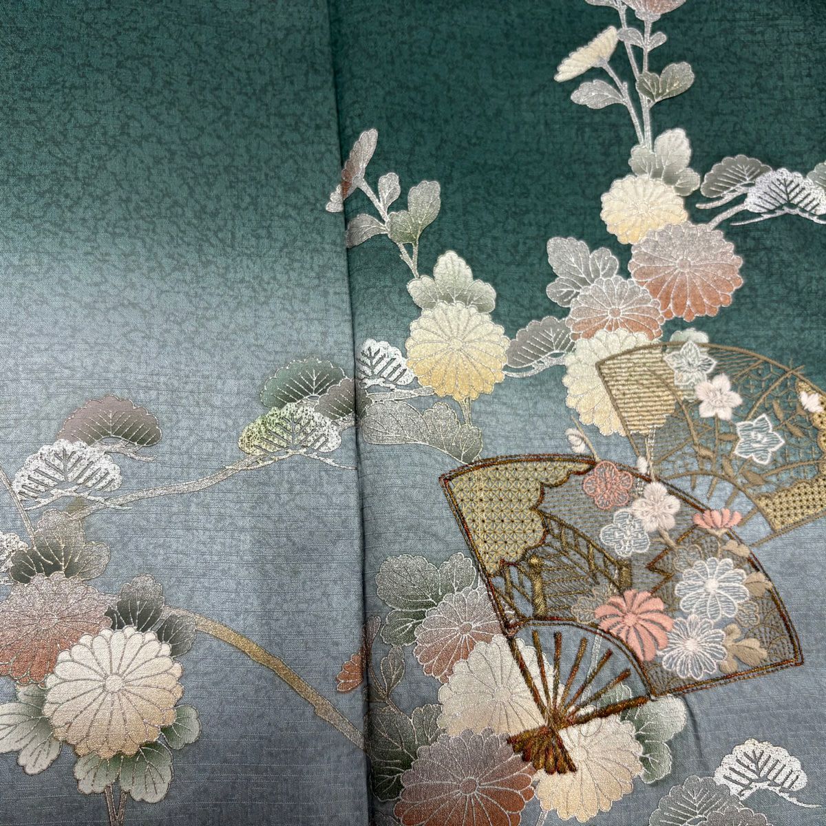 【庫存清倉】 付下 身長154cm 袖長62cm S 雙層 扇子子 菊花花 刺繡 金銀彩 綠 純蠶絲 優品級