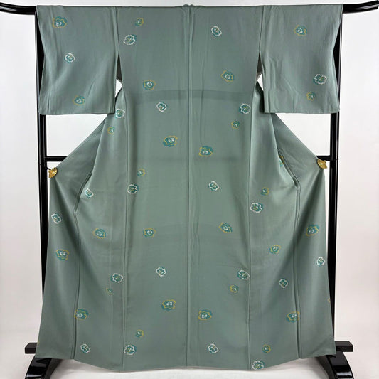 【庫存清倉】 小紋 身長166cm 袖長65.5cm M 雙層 花 絞染 灰綠 純蠶絲 優品級