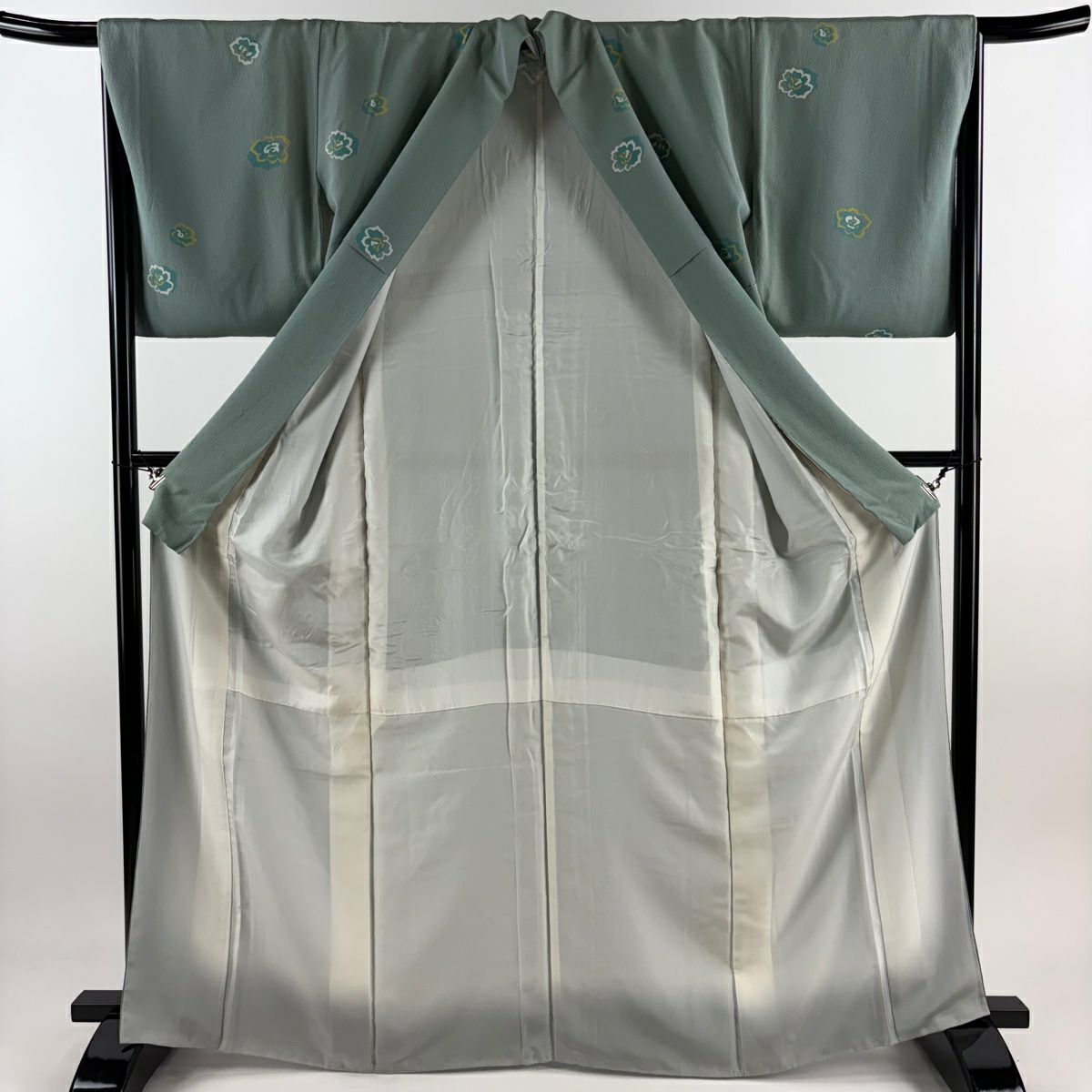 【庫存清倉】 小紋 身長166cm 袖長65.5cm M 雙層 花 絞染 灰綠 純蠶絲 優品級