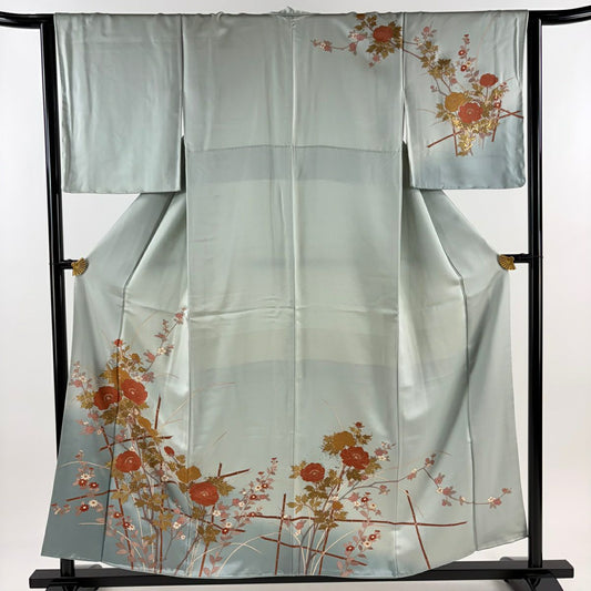 【庫存清倉】訪問服 身長157cm 袖長63cm S 雙層 牡丹 草花紋紋 金銀彩 漸層 深灰藍 純蠶絲 優品級