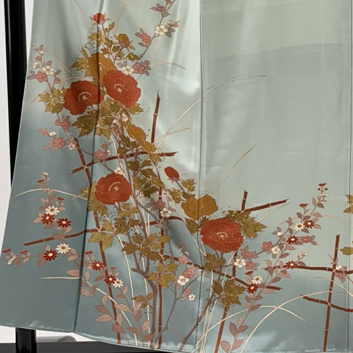 【庫存清倉】訪問服 身長157cm 袖長63cm S 雙層 牡丹 草花紋紋 金銀彩 漸層 深灰藍 純蠶絲 優品級