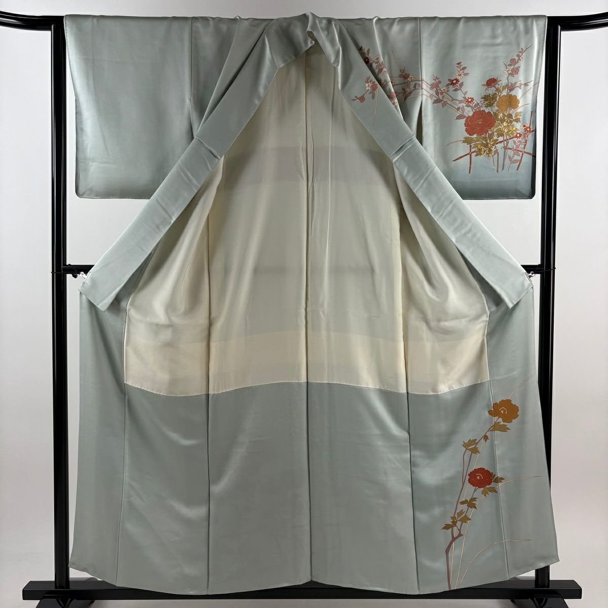 【庫存清倉】訪問服 身長157cm 袖長63cm S 雙層 牡丹 草花紋紋 金銀彩 漸層 深灰藍 純蠶絲 優品級