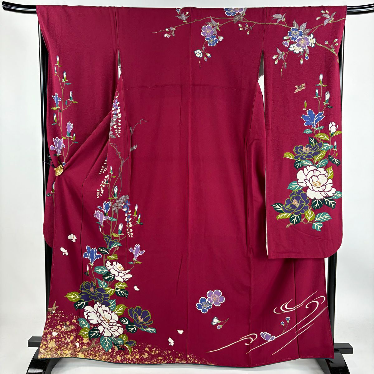 【清倉特賣】振袖禮服 身長164.5cm 袖長67.5cm L 雙層 牡丹 枝花 金銀彩 紅紫 純蠶絲 名品級