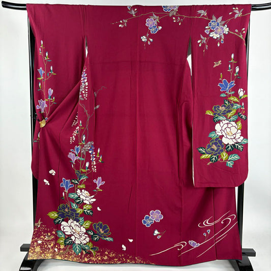 【清倉特賣】振袖禮服 身長164.5cm 袖長67.5cm L 雙層 牡丹 枝花 金銀彩 紅紫 純蠶絲 名品級