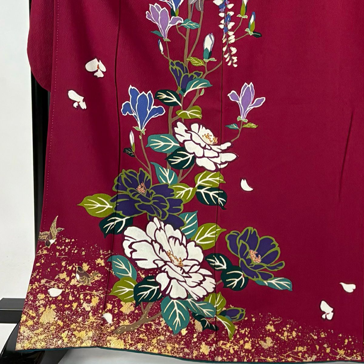 【清倉特賣】振袖禮服 身長164.5cm 袖長67.5cm L 雙層 牡丹 枝花 金銀彩 紅紫 純蠶絲 名品級