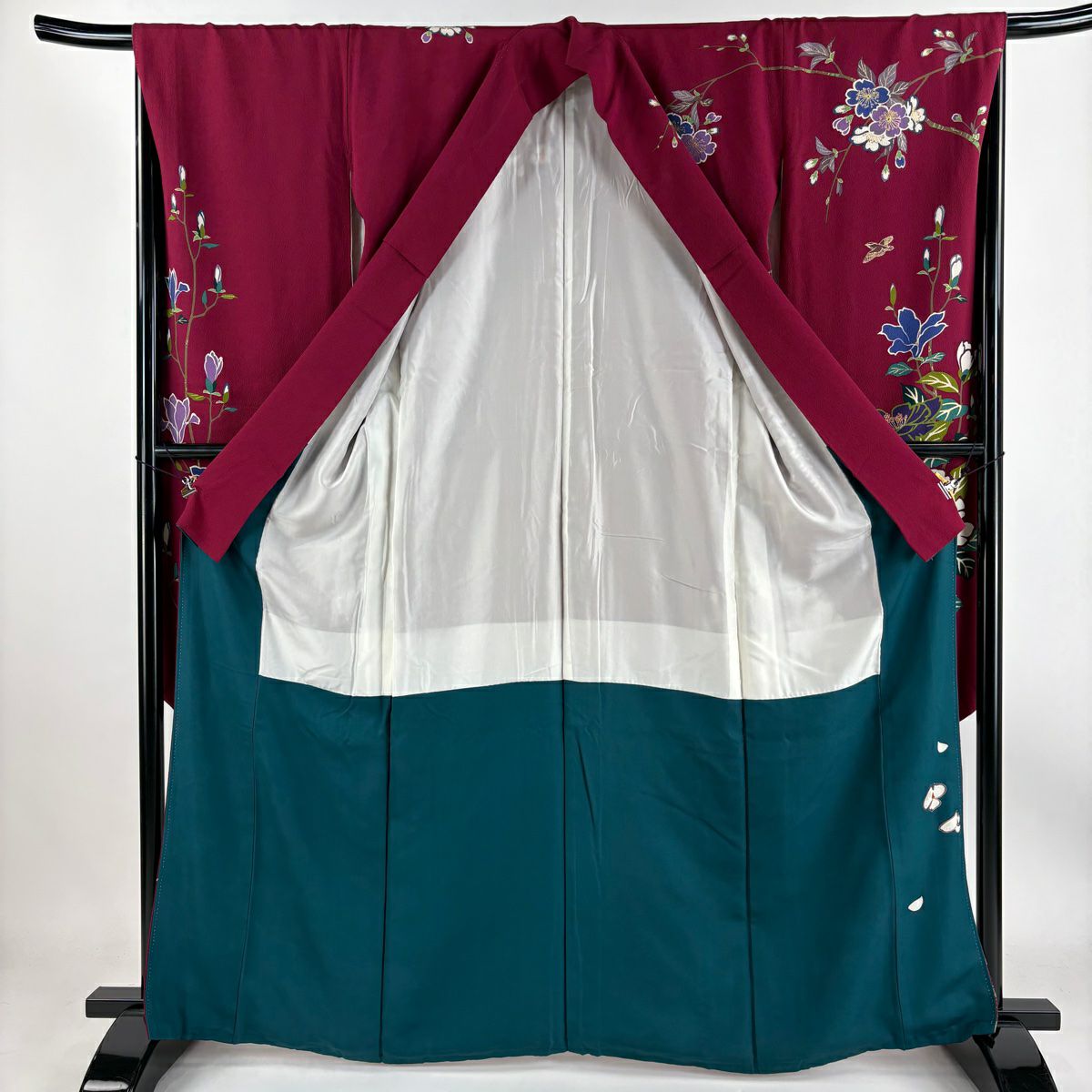 【清倉特賣】振袖禮服 身長164.5cm 袖長67.5cm L 雙層 牡丹 枝花 金銀彩 紅紫 純蠶絲 名品級