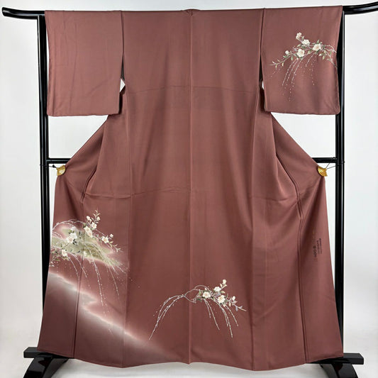 【庫存清倉】訪問服 身長161.5cm 袖長63cm S 雙層 岡山武子 有落款 枝花 霞 金銀彩 漸層 小豆 純蠶絲 名品級