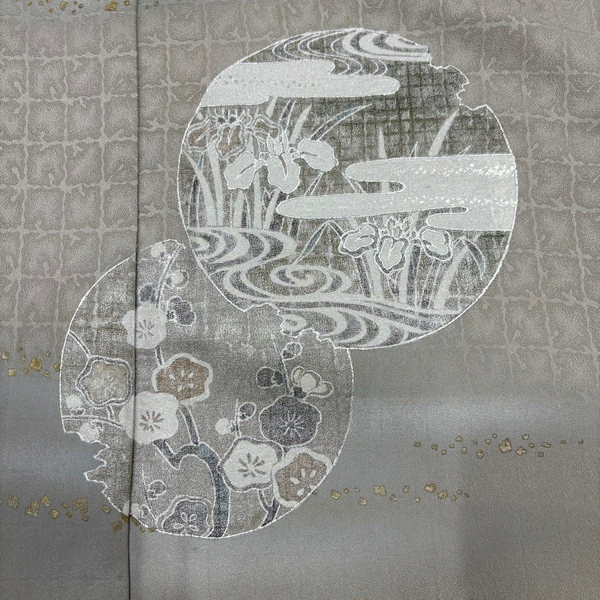 【清倉特賣】 付下 身長157.5cm 袖長64.5cm M 雙層 枝梅花 霞 金銀彩 灰 純蠶絲 優品級