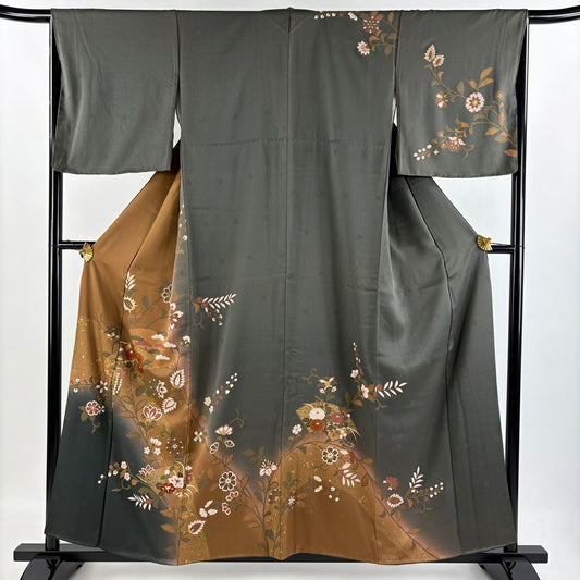 【庫存清倉】訪問服 身長157cm 袖長66cm M 雙層 扇子 草花紋紋 金彩裝飾 漸層 茶 純蠶絲 優品級